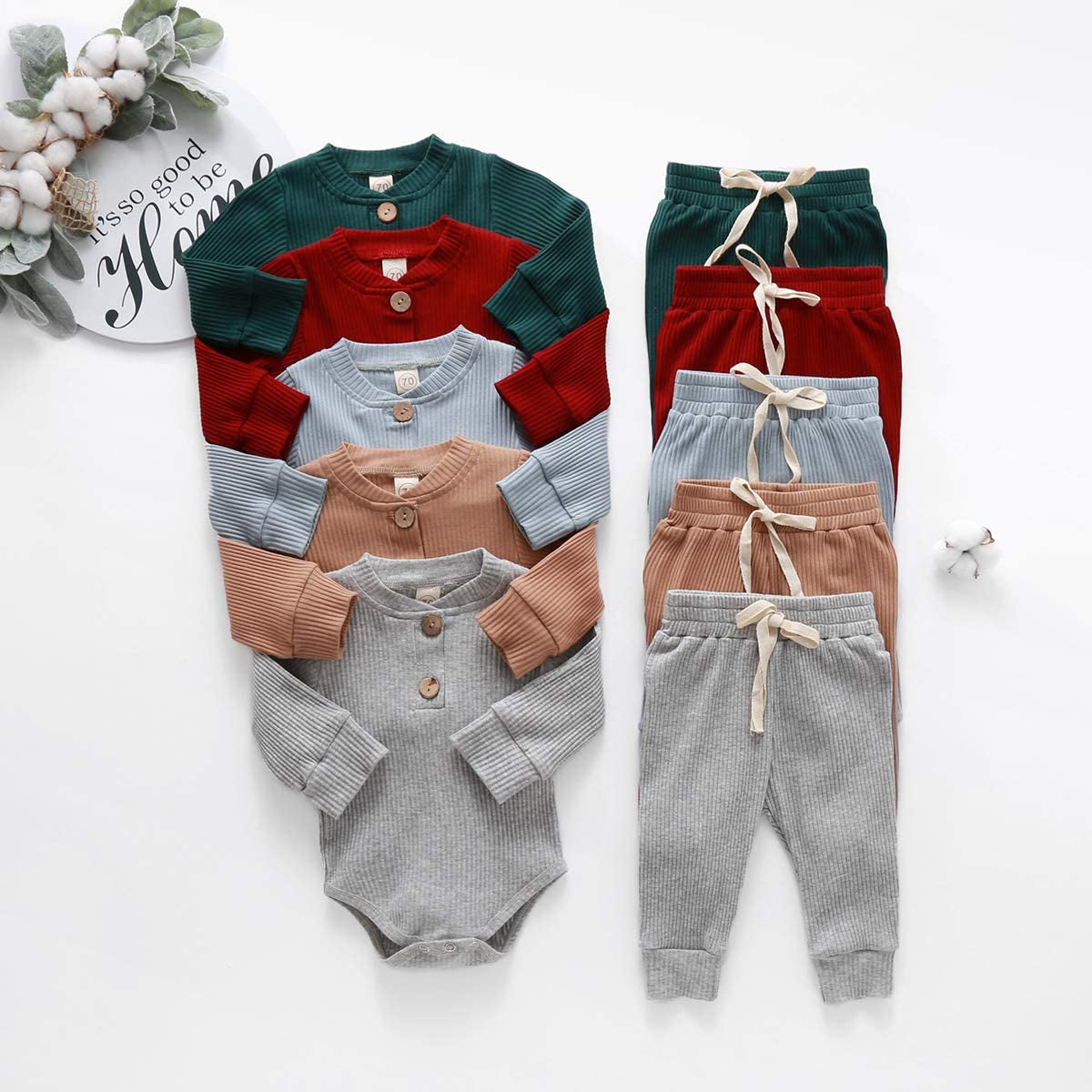 Winter Newborn Baby Boy Girl Clothes Set Ribbed Outfits Unisex Infant Solid Long Sleeve Tops Pants 2PCS